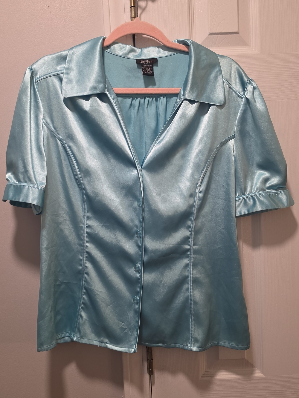 Bob Mackie Studio Icy Blue Liquid Satin Puff Sleeve Blouse 14